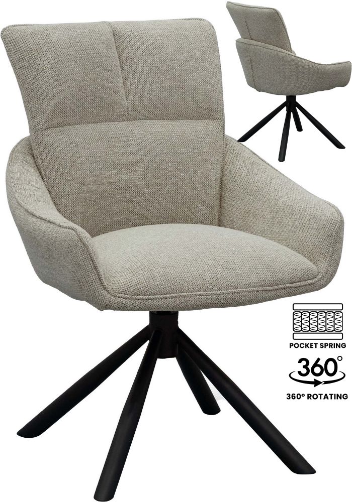 Chaise de salle à manger design rotatives à 360° revêtement en tissu gris avec piétement en acier noir avec des ressorts ensachés L.58 x P.62.5 x H.88.5 cm collection GRACE
