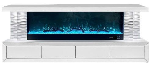 Meuble tv design avec cheminée artificielle intégrée en bois MDF et miroir blanc L.200 x P.40 x H.70 cm collection CARA