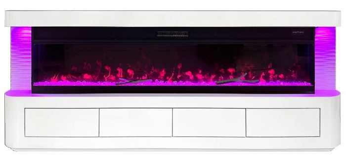 Meuble tv design avec cheminée artificielle intégrée en bois MDF et miroir blanc L.200 x P.40 x H.70 cm collection RITA