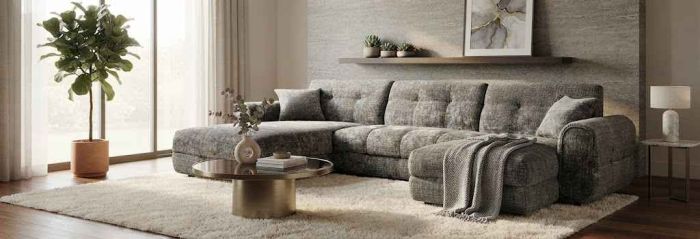 Canapé d'angle gauche design ultra confortable en tissu texturé gris L. x P. x H. collection LEAO