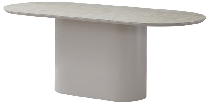 Table de salle à manger ovale design plateau en céramique beige et pieds en MDF beige L.200 x P.90 x H.76 cm collection HARLEM