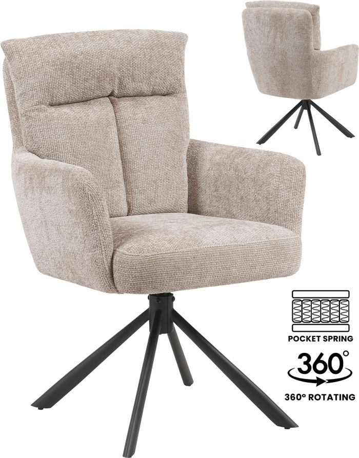 Chaise de salle à manger design rotatives à 360° revêtement en tissu taupe avec piétement en acier noir avec des ressorts ensachés L.61 x P. 61 x H.92 cm collection CUBA