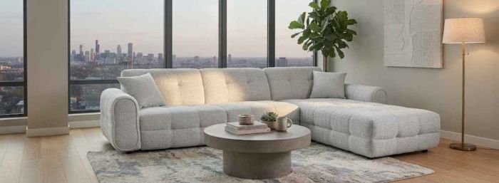 Canapé d'angle droit design ultra confortable en tissu texturé blanc L. x P. x H. collection LEAO