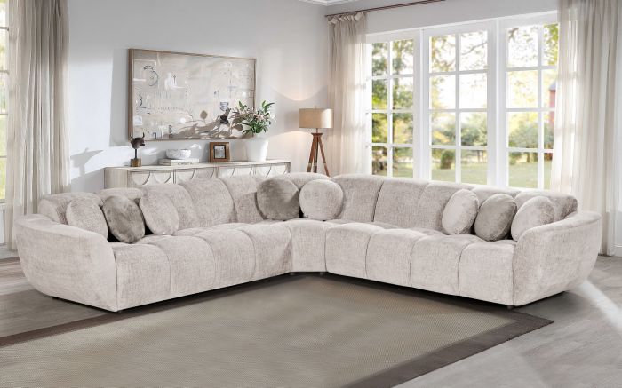Canapé d'angle réversible design en tissu beige champagne collection DRAKE