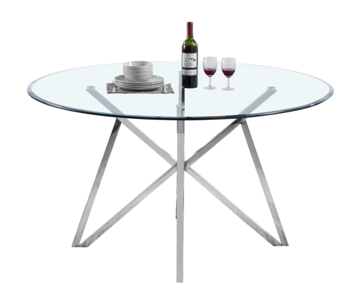 Table de salle à manger ronde design piètement en acier inoxydable poli argenté et plateau en verre trempé transparent L. 140 x P. 140 x H. 76 cm collection LORENA