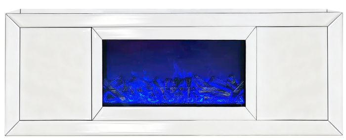 Meuble tv design avec cheminée artificielle intégrée en bois MDF et miroir blanc L.200 x P.40 x H.60 cm collection MAYA