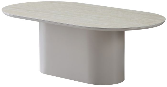 Table basse ovale design plateau en céramique beige et pieds en MDF beige L.130 x P.70 x H.45 cm collection HARLEM