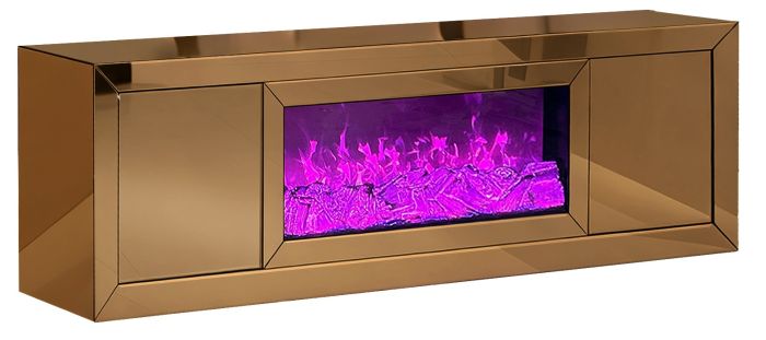 Meuble tv design avec cheminée artificielle intégrée en bois MDF et miroir bronze L.200 x P.40 x H.60 cm collection MAYA