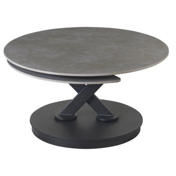 Ausziehbarer Design-Couchtisch mit hellgrauer Sintersteinplatte und schwarzen Stahlbeinen, L 85–127 x T 85 x H 45 cm, Kollektion MANILA