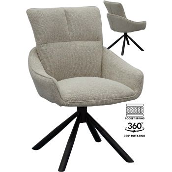 Designer-Esszimmerstuhl mit 360°-Drehfunktion, grauem Stoffbezug und schwarzem Stahlgestell mit Taschenfederkern. B 58 x T 62,5 x H 88,5 cm. Kollektion GRACE.
