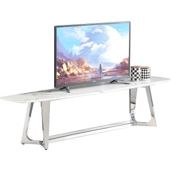Designer-TV-Ständer mit weißer Kunstmarmorplatte und poliertem silberfarbenem Edelstahlfuß, Kollektion Veneta, B 180 x T 42 x H 45 cm