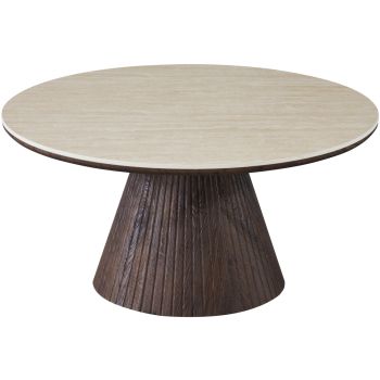 Runder Design-Couchtisch mit Travertin-Keramikplatte und Beinen aus MDF in Walnussoptik, Durchmesser 100 x Höhe 45 cm, Kollektion SOHO