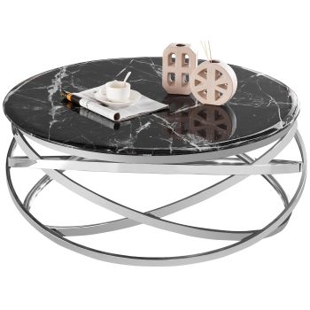 Runder Design-Couchtisch mit poliertem silberfarbenem Edelstahlgestell und schwarzer Tischplatte aus Kunstmarmor, L 100 x H 43 cm, Kollektion ENRICO