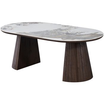 Ovaler Design-Couchtisch mit Travertin-Keramikplatte und Beinen aus MDF in Walnussoptik, L 130 x T 70 x H 45 cm, Kollektion MAYFAIR
