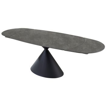Ausziehbarer Designer-Esstisch mit hellgrauer Sintersteinplatte und schwarzen Stahlbeinen. L 160–240 x T 90 x H 75 cm, Kollektion ANGELA.