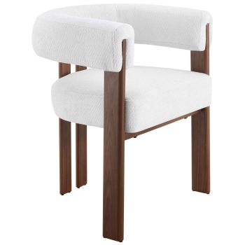 Designer-Esszimmerstuhl mit weißem Stoffbezug und Beinen aus Stahl in Walnussoptik, B 66 x T 56 x H 76 cm, Kollektion MIMOSA