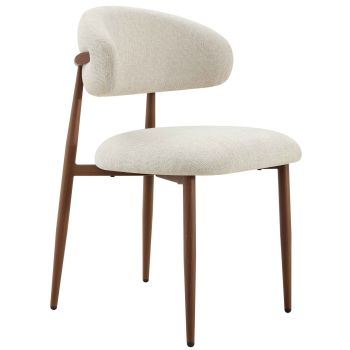 Designer-Esszimmerstuhl mit beigefarbenem Stoffbezug und Beinen aus Stahl in Walnussoptik, B 57 x T 58 x H 82 cm, Kollektion MAGNOLIA