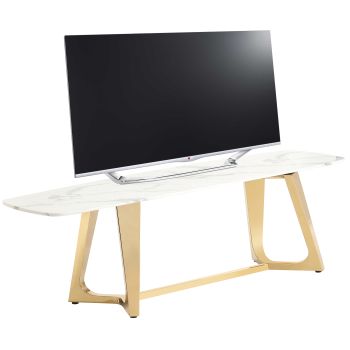 Designer-TV-Ständer mit weißer Kunstmarmorplatte und poliertem, goldfarbenem Edelstahlgestell. Kollektion Veneta. B 180 x T 42 x H 45 cm
