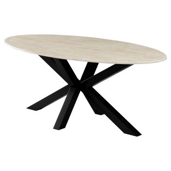 Ovaler Designer-Esstisch mit Tischplatte aus Kunstmarmor und beigen und schwarzen Stahlbeinen, L 200 x B 100 x H 76 cm, Kollektion MARJA