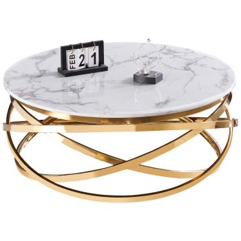 Runder Design-Couchtisch mit poliertem, goldfarbenem Edelstahlgestell und weißer Marmorplatte im Kunststil, L 100 x H 43 cm, Kollektion ENRICO