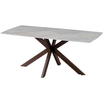 Designer-Esstisch mit beigefarbener, kratzfester Keramikplatte und Metallbeinen in Walnussoptik, L 180 x B 90 x H 76 cm, Kollektion ONTARIO