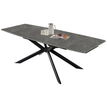 Ausziehbarer Designer-Esstisch mit grauer Kunstmarmorplatte und schwarzen Stahlbeinen. L 160–240 x B 90 x H 75 cm, Kollektion ALESHA
