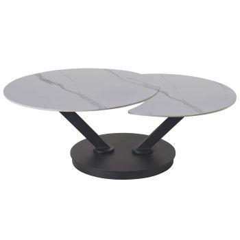 Ausziehbarer Design-Couchtisch mit weißer Sintersteinplatte und schwarzen Stahlbeinen, L 85–127 x T 85 x H 45 cm, Kollektion MANILA