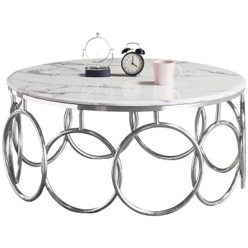 Design-Couchtisch aus silberfarbenem Stahl mit weißer Kunstmarmorplatte. B 100 x T 100 x H 45 cm. Kollektion BRUNO