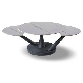 Ausziehbarer Design-Couchtisch mit weißer Kunstmarmorplatte und schwarzen Stahlbeinen. L 85–140 x T 85 x H 45,6 cm. Kollektion SAVONA.