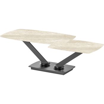 Ausziehbarer Design-Couchtisch mit beigefarbener Sintersteinplatte und schwarzen Stahlbeinen. L 100–146 x T 60 x H 45 cm, Kollektion ALISHA