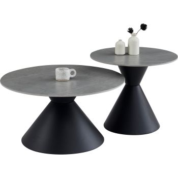 Runder Beistelltisch mit grauer Keramikplatte und schwarzen Stahlbeinen, Durchmesser 80/60 x Höhe 42,5/52 cm, Kollektion PABLO