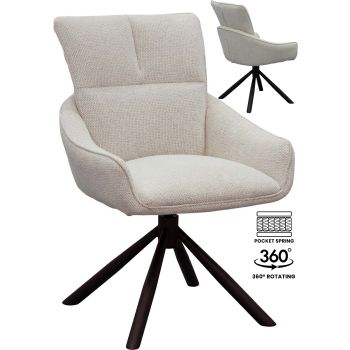 Designer-Esszimmerstuhl mit 360°-Drehfunktion, weißem Stoffbezug und schwarzem Stahlgestell mit Taschenfederkern. B 58 x T 62,5 x H 88,5 cm. Kollektion GRACE.
