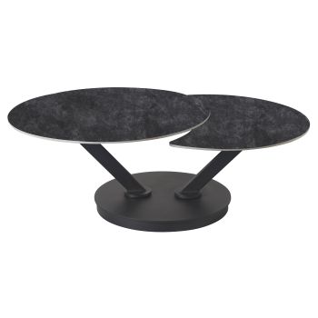 Ausziehbarer Design-Couchtisch mit dunkelgrauer Sintersteinplatte und schwarzen Stahlbeinen, L 85–127 x T 85 x H 45 cm, Kollektion MANILA