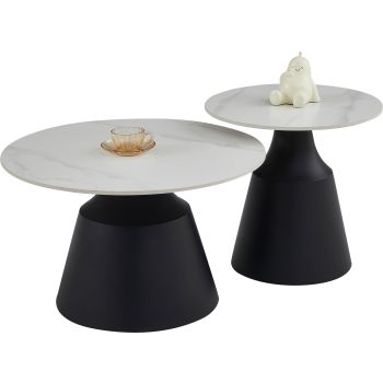 Runder Beistelltisch mit weißer Keramikplatte und schwarzen Stahlbeinen, Durchmesser 70/50 x Höhe 43/49 cm, Kollektion KATERINA