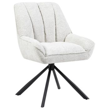 Design-Esszimmerstuhl aus der Kollektion YUNA, um 360° drehbar, mit beigem Stoffbezug, schwarzem Stahlgestell und Taschenfederkern – B 62 x T 64 x H 84,5 cm