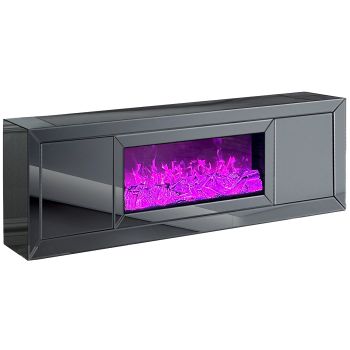 Designer-TV-Möbel mit integriertem Kaminimitat aus MDF-Holz und grauem Spiegel, B 200 x T 40 x H 60 cm, Kollektion MAYA