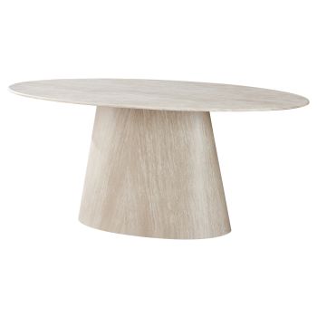 Ovaler Designer-Esstisch mit Tischplatte aus Kunstmarmor und beigefarbenen MDF-Beinen, L 200 x B 100 x H 76 cm, Kollektion DEBRA