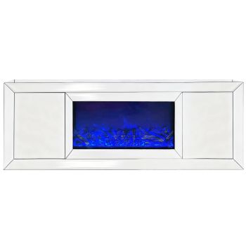 Designer-TV-Möbel mit integriertem Kaminimitat aus MDF-Holz und weißem Spiegel, B 200 x T 40 x H 60 cm, Kollektion MAYA