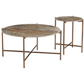 Runder Beistelltisch mit Keramikplatte und braunen Stahlbeinen, Durchmesser 90/45 x Höhe 45,5/55,5 cm, Kollektion SANTIAGO