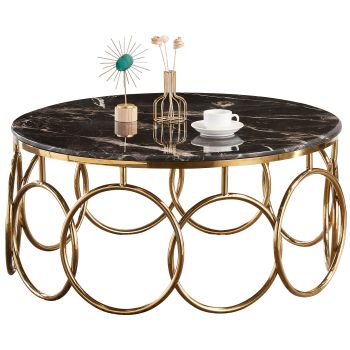 Designer-Couchtisch aus goldfarbenem Stahl mit schwarzer Kunstmarmorplatte. B 100 x T 100 x H 45 cm. Kollektion BRUNO