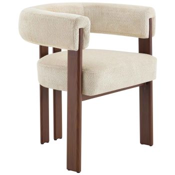 Designer-Esszimmerstuhl mit beigefarbenem Stoffbezug und Beinen aus Stahl in Walnussoptik, B 66 x T 56 x H 76 cm, Kollektion MIMOSA