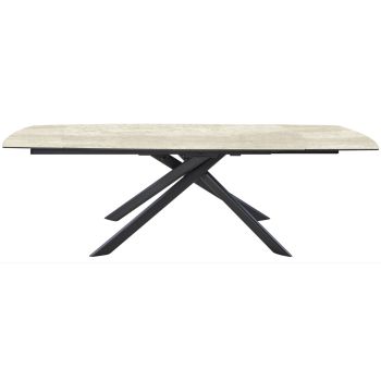 Ausziehbarer Designer-Esstisch mit beigefarbener Sintersteinplatte und schwarzen Stahlbeinen, L 160–240 x T 90 x H 75 cm, Kollektion EMILIA