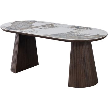 Ovaler Designer-Esstisch mit Tischplatte aus Travertin-Keramik und Beinen aus MDF in Walnussoptik, L 200 x B 90 x H 76 cm, Kollektion MAYFAIR