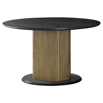 Runder Designer-Esstisch mit schwarz-gold furnierter MDF-Tischplatte und -Beinen, Durchmesser 130 x Höhe 76 cm, Kollektion FLORA