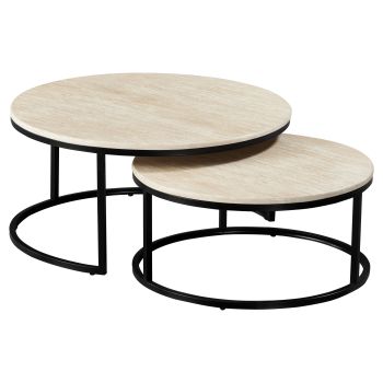 Runder Beistelltisch mit Design-Kunstmarmorplatte und Stahlbeinen in Beige und Schwarz, Durchmesser 85/70 x Höhe 40/32 cm, Kollektion MARJA