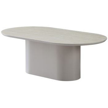 Ovaler Design-Couchtisch mit beiger Keramikplatte und Beinen aus beigem MDF, B 130 x T 70 x H 45 cm, Kollektion HARLEM
