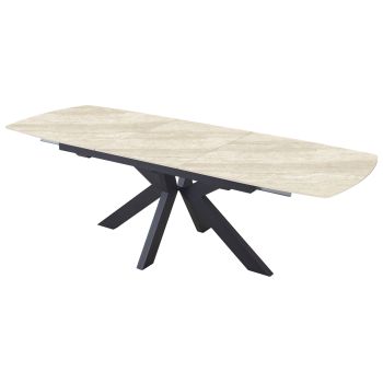 Ausziehbarer Designer-Esstisch mit beigefarbener Sintersteinplatte und schwarzen Stahlbeinen. L 180–240 x T 90 x H 76 cm, Kollektion AMIRA.