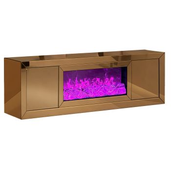 Designer-TV-Möbel mit integriertem Kaminimitat, gefertigt aus MDF-Holz und Bronzespiegel, B 200 x T 40 x H 60 cm, Kollektion MAYA