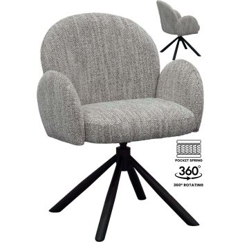 Designer-Esszimmerstuhl mit 360°-Drehfunktion, schwarzem Stoffbezug und schwarzem Stahlgestell mit Taschenfederkern. B 66 x T 62 x H 83,5 cm. Kollektion SARAHA.