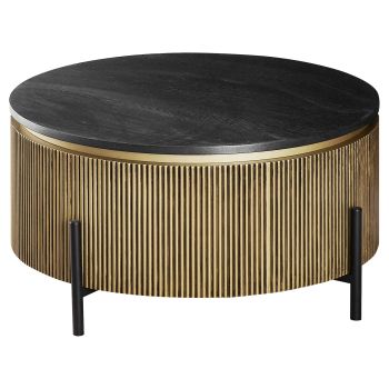 Designer-Couchtisch mit MDF-Furnierplatte und schwarz-goldenen Stahlbeinen, Durchmesser 90 x Höhe 43 cm, Kollektion GUSTA